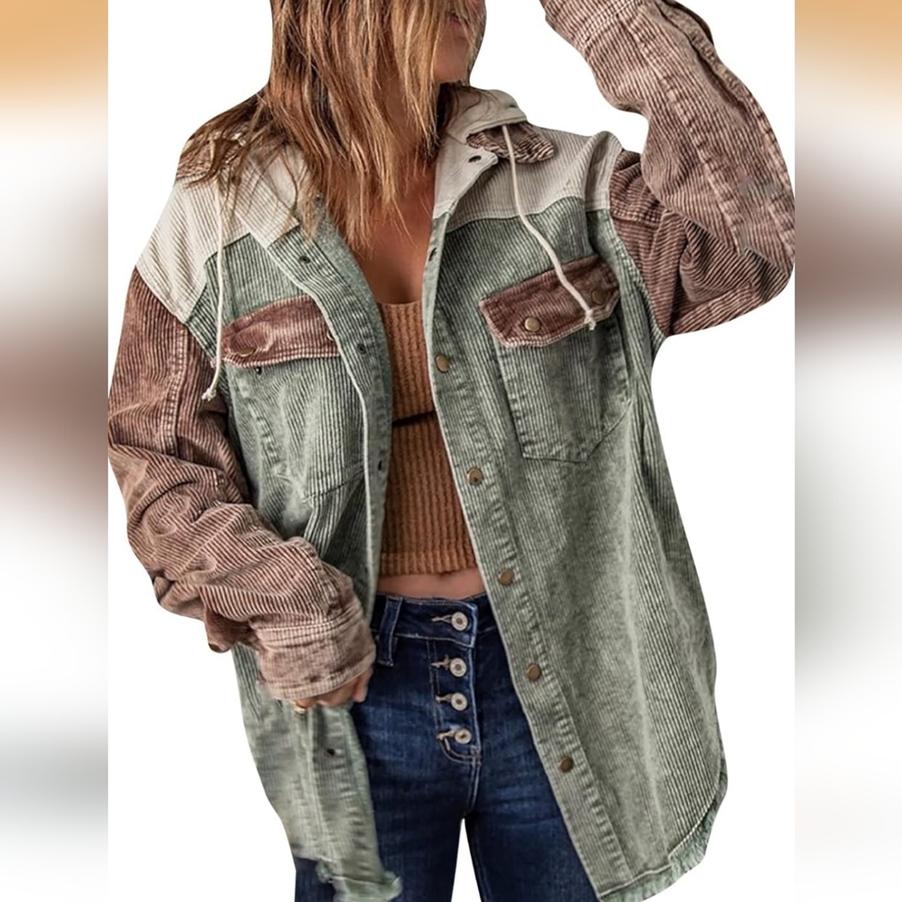 Women's Corduroy Color block Hooded Shacket - Size Medium